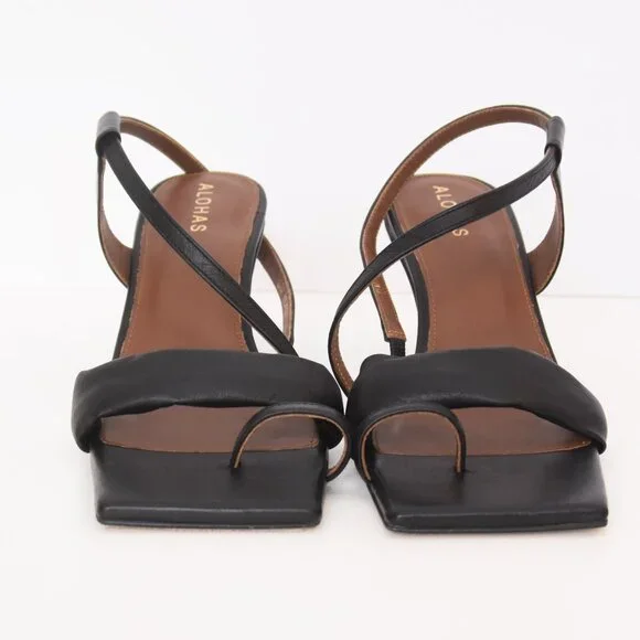 ALOHAS Asymmetrical Black Leather Heeled Open Toe Square Toe Sandal Shoes 40 US9 - Picture 7 of 16